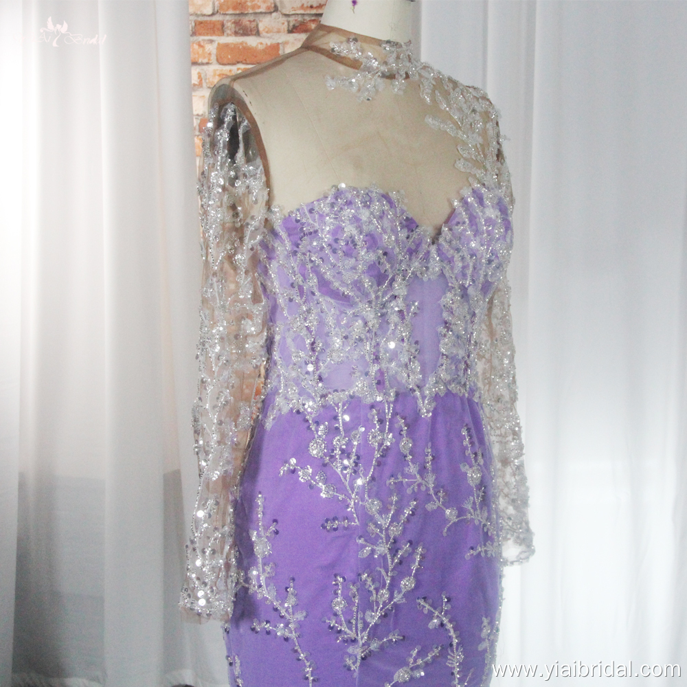 RSE946 Лилава вечерна рокля с дълги ръкави и дантелени клони с пайети 8