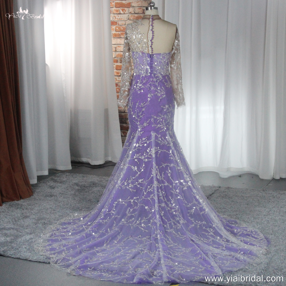 RSE946 Лилава вечерна рокля с дълги ръкави и дантелени клони с пайети 10