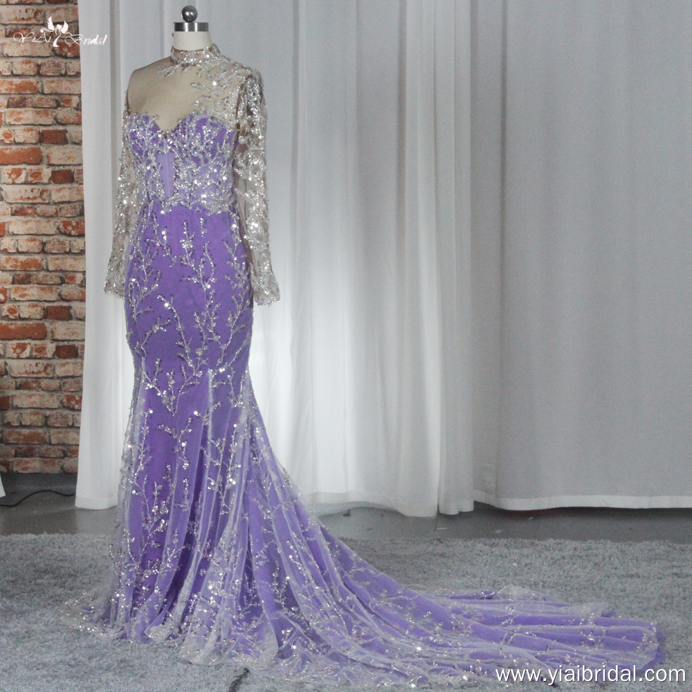 RSE946 Лилава вечерна рокля с дълги ръкави и дантелени клони с пайети 9