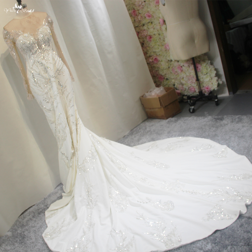 Vestido De novia De sirena con apliques De encaje De lujo, vestido De novia con cola De manga larga y cuello en V, Vestidos De novia 10