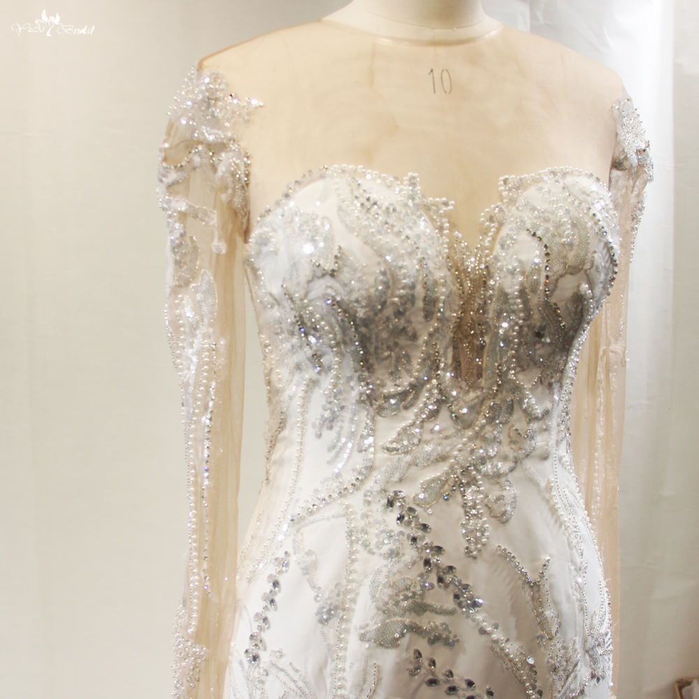 Vestido De novia De sirena con apliques De encaje De lujo, vestido De novia con cola De manga larga y cuello en V, Vestidos De novia 8