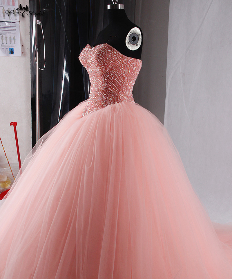 Coral Quinceanera Ball Gown with Heavy Pearls and Tulle Skirt Wedding Dresses 14