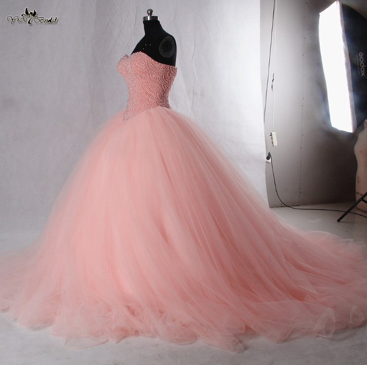Coral Quinceanera Ball Gown with Heavy Pearls and Tulle Skirt Wedding Dresses 13