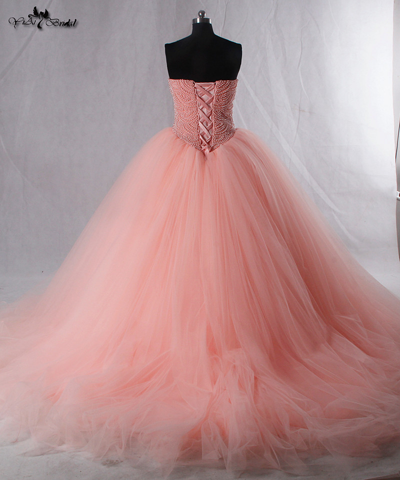 Coral Quinceanera Ball Gown with Heavy Pearls and Tulle Skirt Wedding Dresses 15