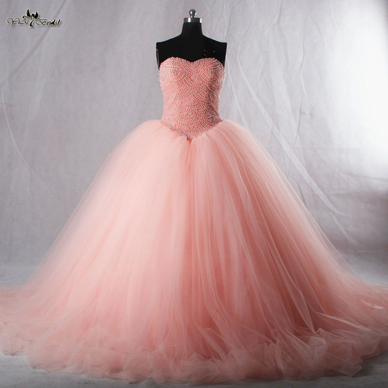 Coral Quinceanera Ball Gown with Heavy Pearls and Tulle Skirt Wedding Dresses 16