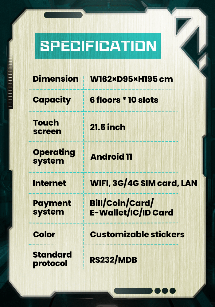 View detailed product specifications for the Collector's Edition Card Vending Machine, including dimensions, capacity, and system features like Android 11.1, customizable stickers, and payment methods.
