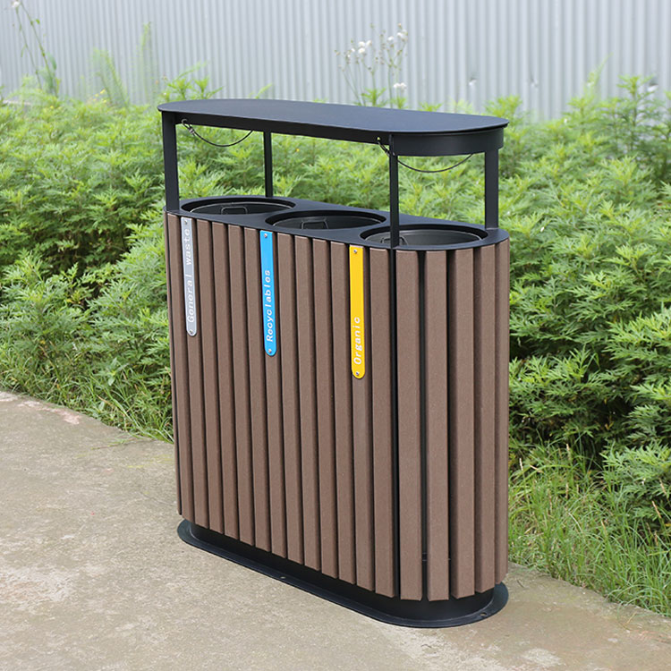 Outdoor Wooden Recycling Trash Can Three Compartment Bin 13