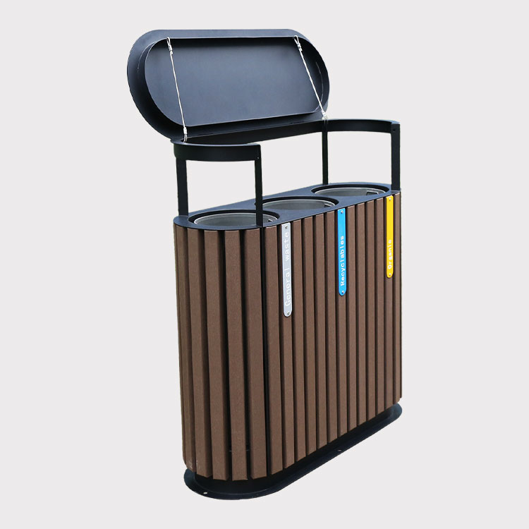 Outdoor Wooden Recycling Trash Can Three Compartment Bin 10