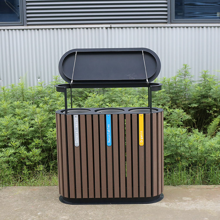 Outdoor Wooden Recycling Trash Can Three Compartment Bin 11