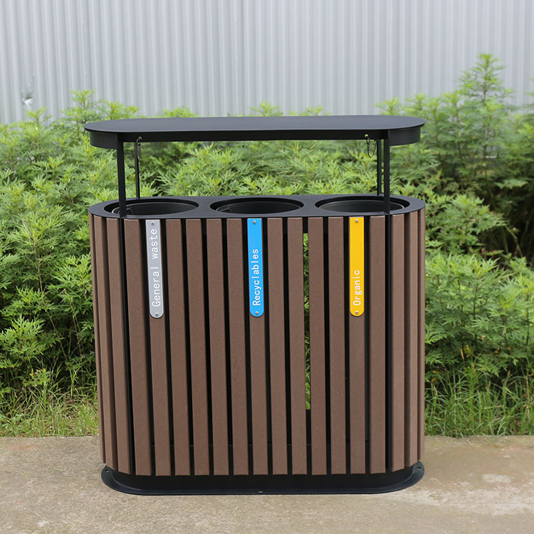 Outdoor Wooden Recycling Trash Can Three Compartment Bin 12