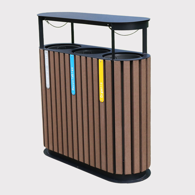 Outdoor Wooden Recycling Trash Can Three Compartment Bin 14