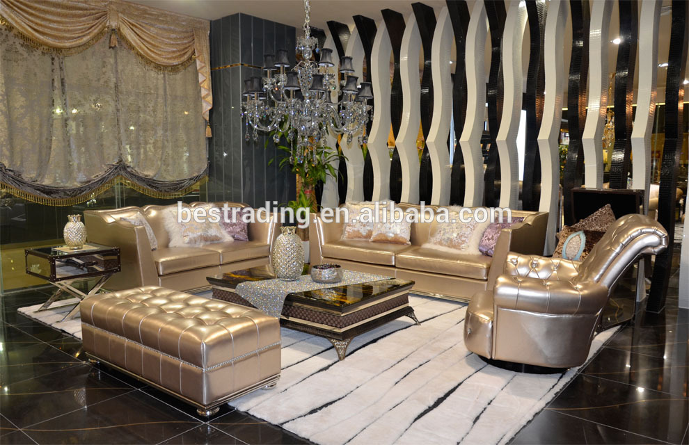 modern champagne full genuine leather sofa living room furniture 2