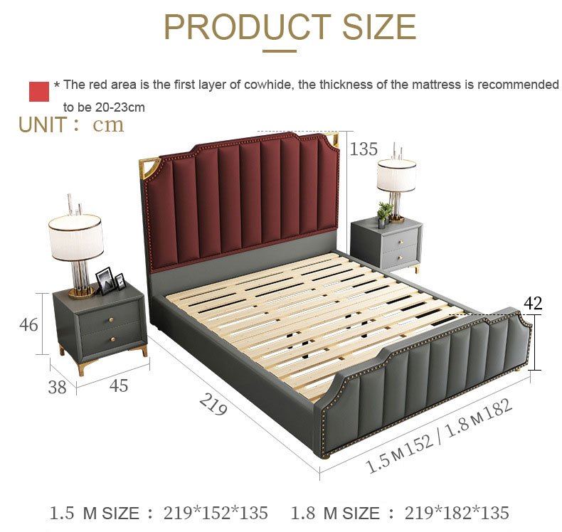 Luz de lujo moderno respaldo de cuero marco de madera maciza salón cama