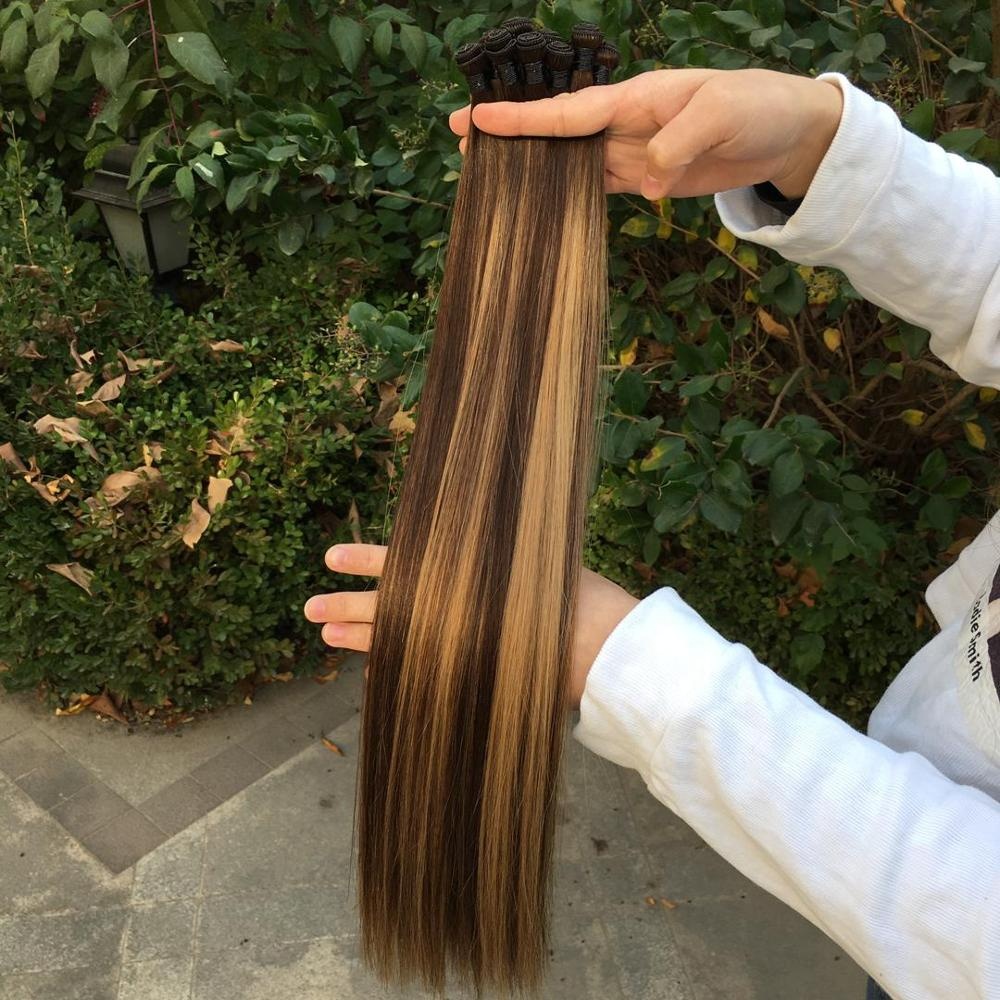 2019 New Arrival Balayage Color Cuticle Double Drawn Russian Handtied Weft Hair Extensions 12