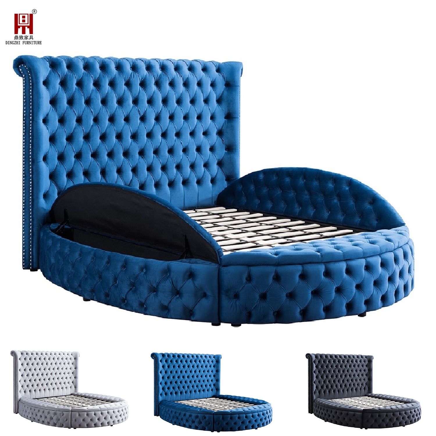 2020 Hot Selling  Luxury Wood Round Velvet King Size Bed With Storage For Hotel 8