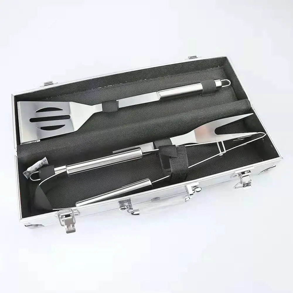Hot Sale Stainless Steel BBQ Acessories 3 Pieces Barbecue Tools With Alumium Case 1