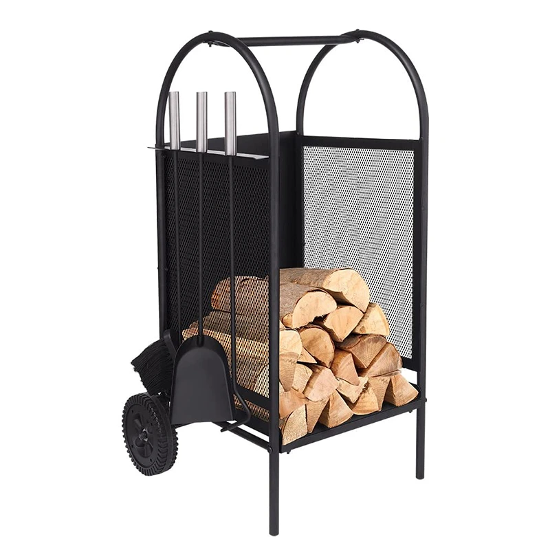 wholesale price Metal Fire Logs Fireplace Firewood Rack Trolley Log Holder For Fireplace With Wheel 1