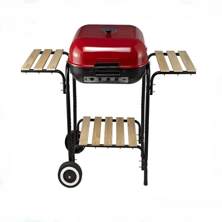 cheapest factory price outdoor camping square red color charcoal bbq grill with wheels and shelf 1
