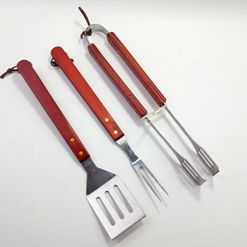Cheapest Price Grilling Accessories for BBQ Tool Set Wooden Handle BBQ Spatula, BBQ Fork, BBQ Tong 1
