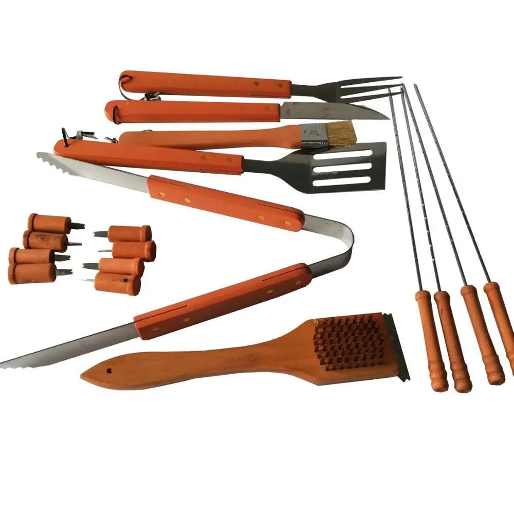 Supplier Direct Sell Wooden Handle Grilling Tool Set 18 Piece with Plastic Case 1