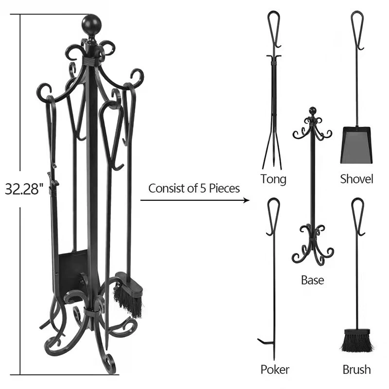 FT028 Wholesale Price Cast Iron Tong Broom Shovel Poker Base 5 Pieces Fireplace Tools Set 1