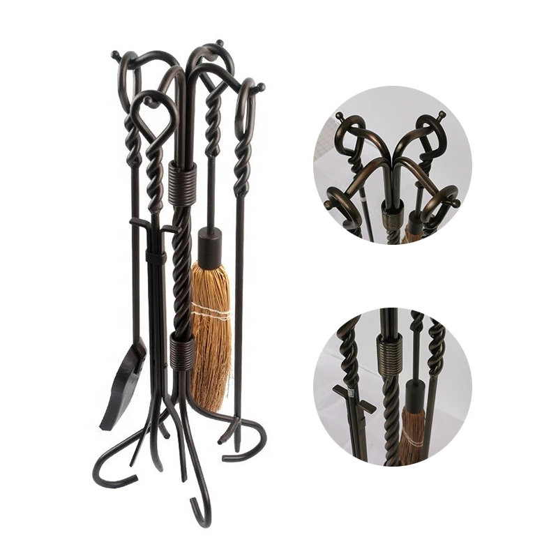 Factory Price Wrought Iron Antique Brass Fire Place Tools Set 4 pcs Fireplace Tools 1