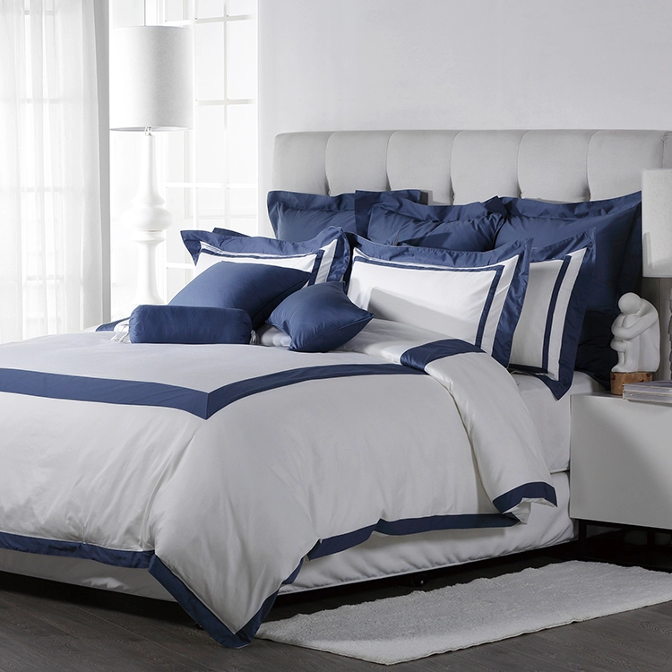 Juego de cama de hotel de alta calidad con fabricantes de rayas de apliques azules 1