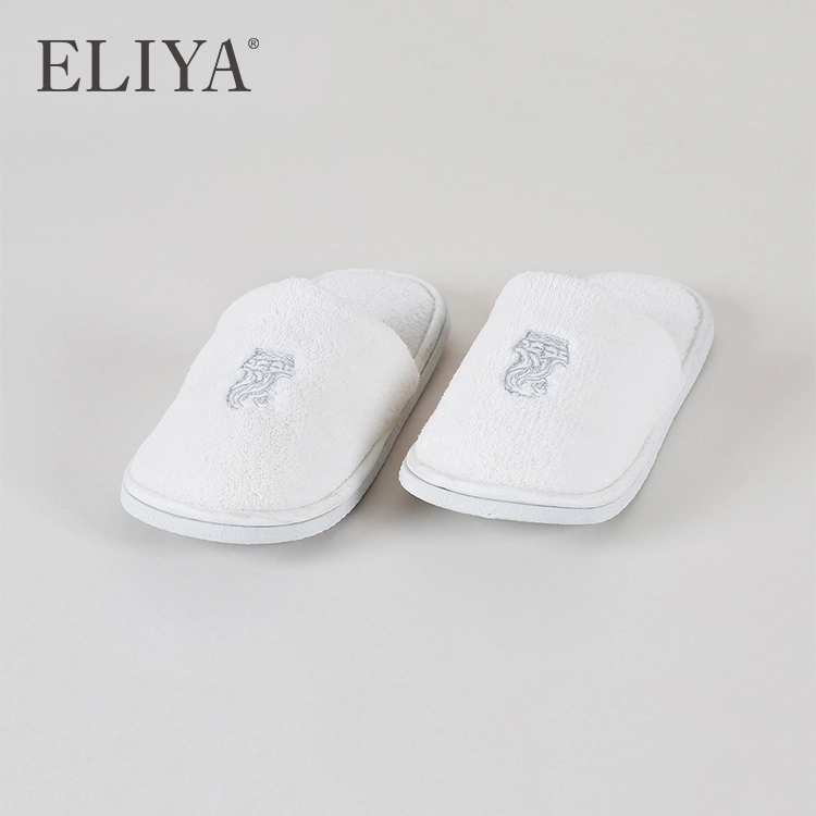 Luxury Hotel Velour Slipper Luxury EVA Sole White Hotel Slipper with Logo 1
