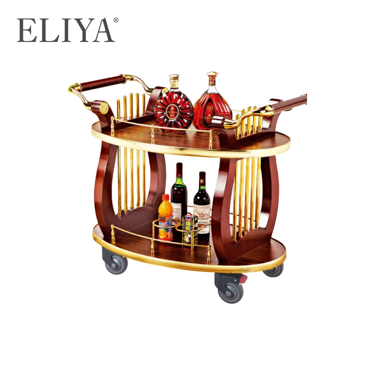 Hot Sale Wooden Folding Luxury Hotel Golden Food Serving Trolley 1