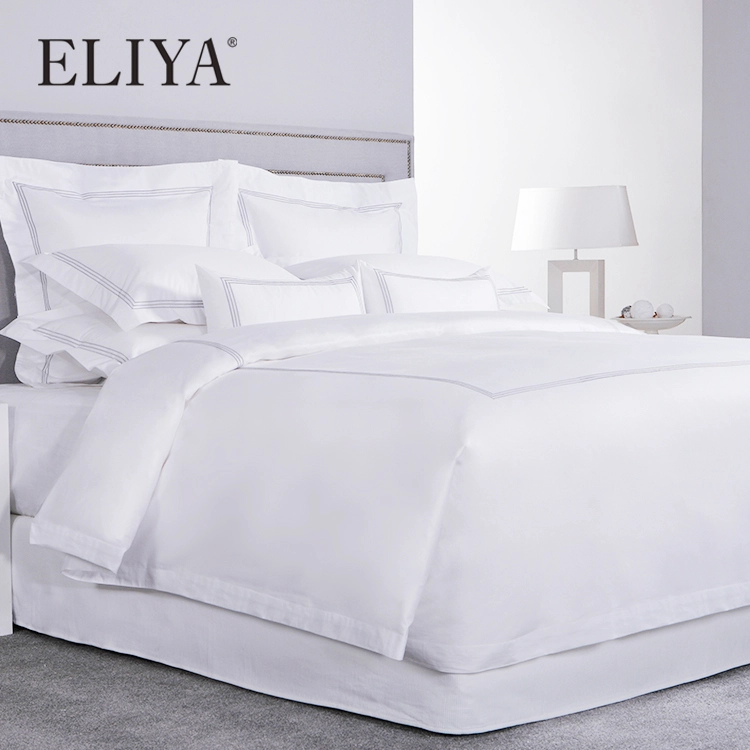 Custom Embroidery Stripe White Single King 100% Cotton Bed Sheet Hotel Bedding Set 1