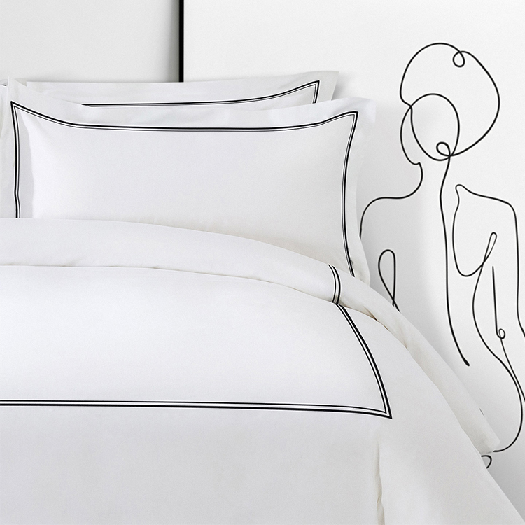 ELIYA Hotel 100% Cotton White 400TC Bedding Sheet Set Black Double-Line Embroidered Duvet Cover 10