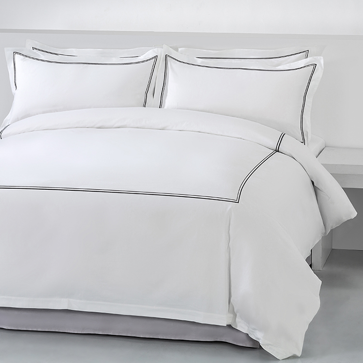 ELIYA Hotel 100% Cotton White 400TC Bedding Sheet Set Black Double-Line Embroidered Duvet Cover 9