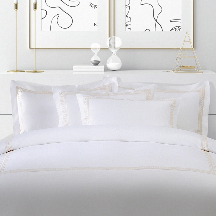 ELIYA Factory White 6080S 100% Cotton Golden Embroidered Hotel Bedroom Bedding Sheet Set 1
