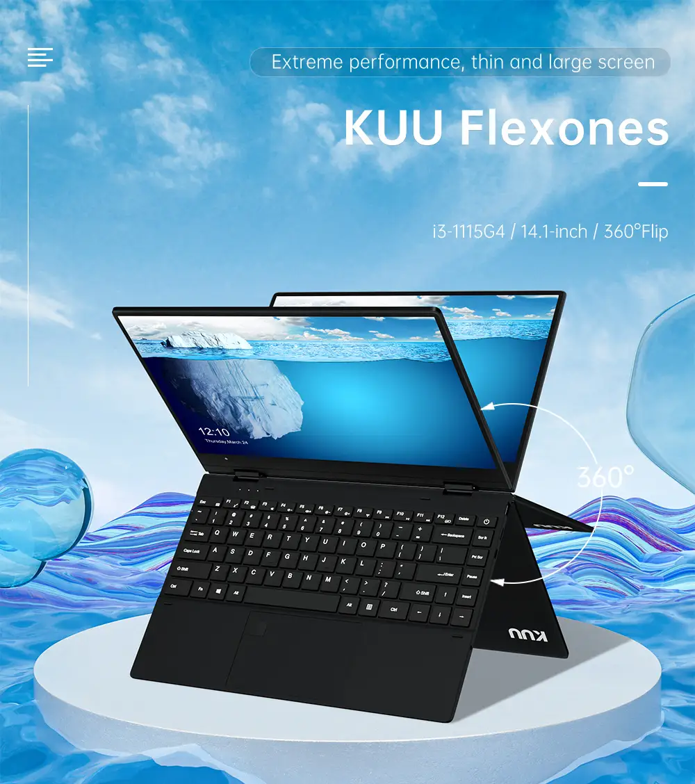 KUU Flexones 14.1 inch Black Flexible Laptop Intel i3-1115G4 Processor Up to 3.0GHz 8GB DDR4 RAM 521GB SSD PCIe 7