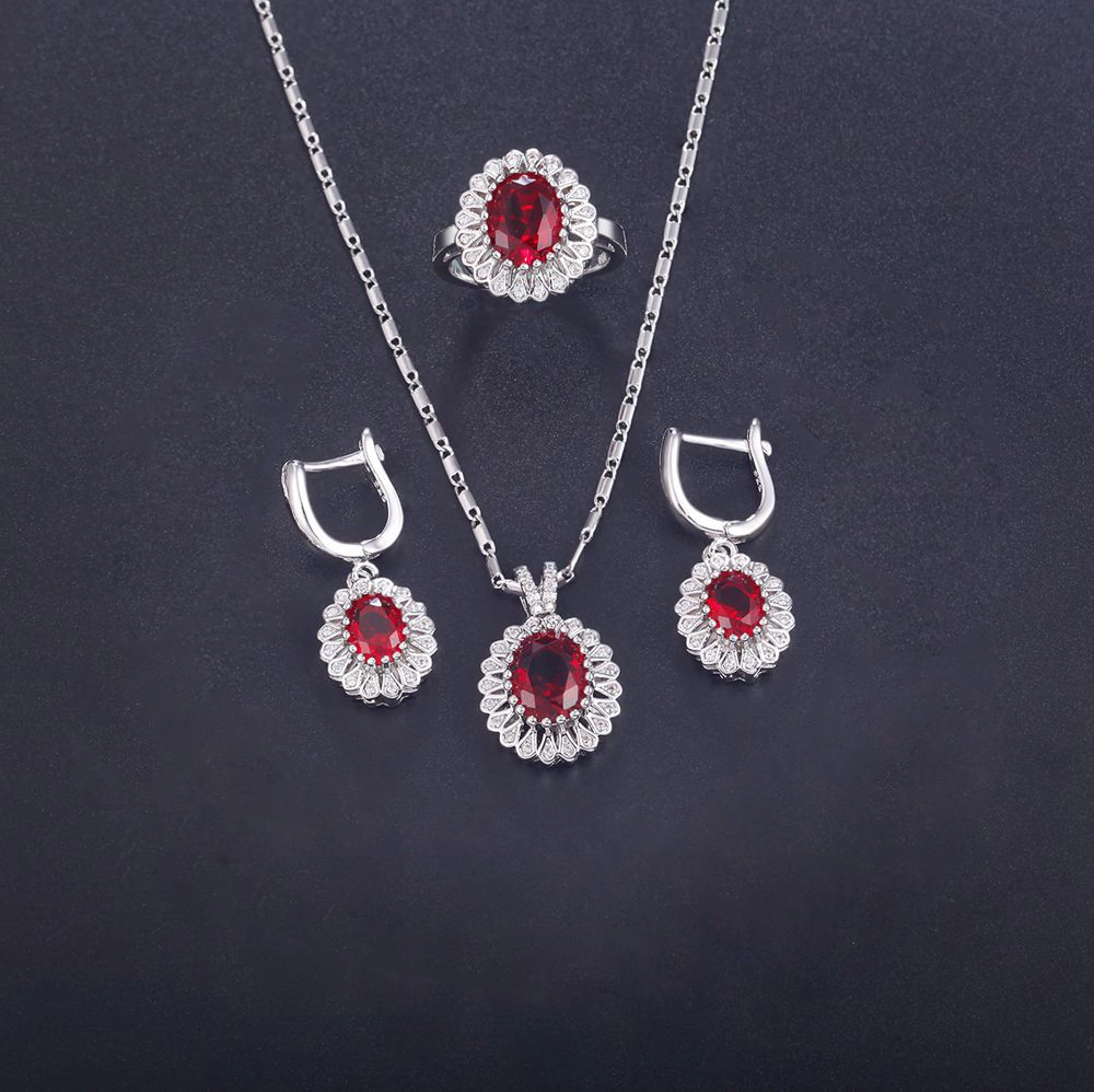 Hainon Fashion Jewelry Platinum plated red zircon Necklace Earrings ring set bridal necklace jewelry set 1
