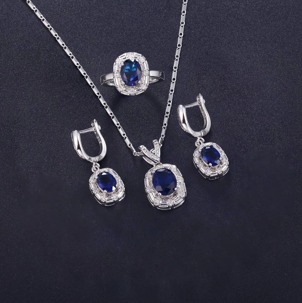 Hainon wholesale Platinum plated Luxury blue zircon Adjustable ring Necklace Earrings set Customized jewelry set bridal Gift 1