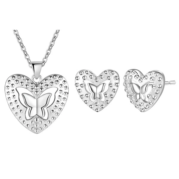 Hainon Wholesale Jewelry Set of Two Heart Necklaces and Earrings Card Brass Romantic Environmental Friendly Silver Plated 1 Set 1