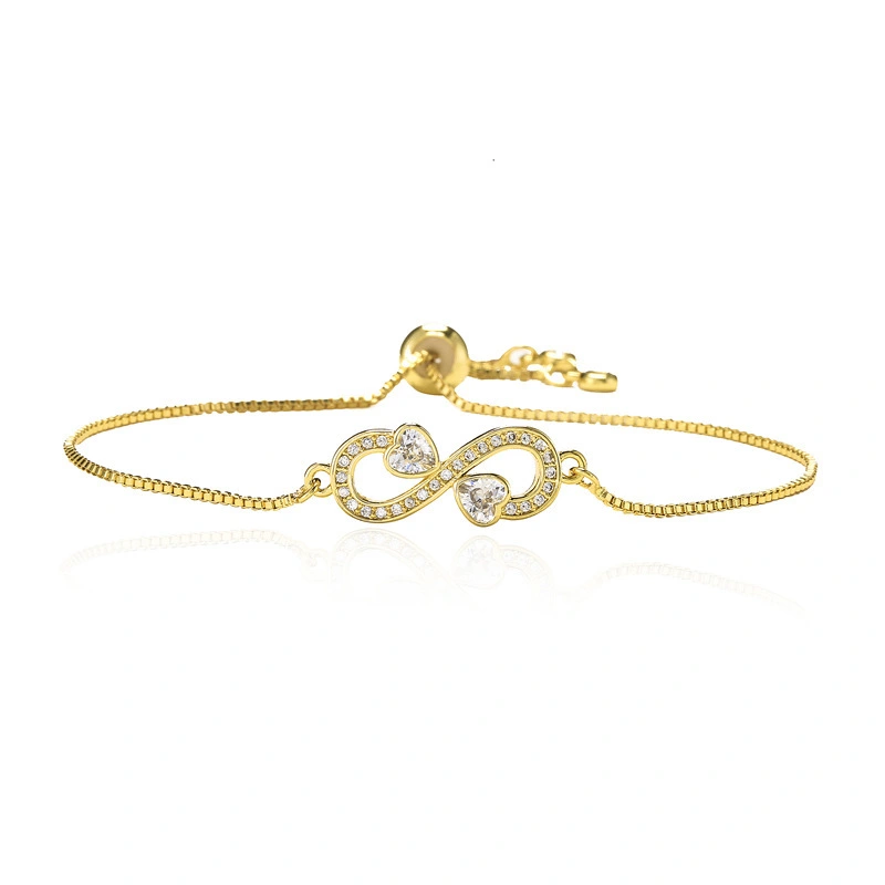 Hainon Pull-out Adjustable Copper Micro-inlaid Zircon Double Heart Bracelet Electroplated 18K Gold Bracelet 1