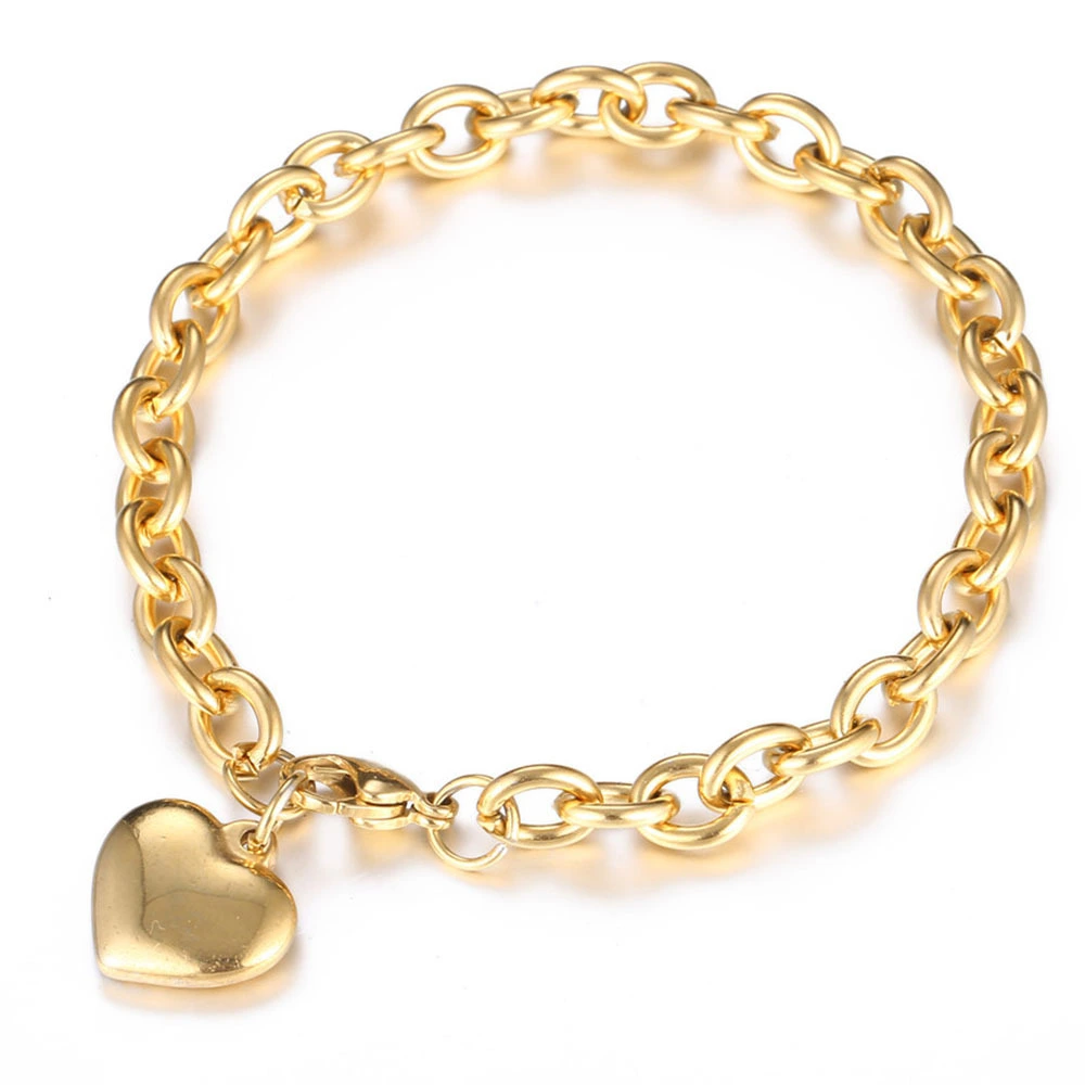 Hainon fashion 18k gold plated bracelets bangles heart beads 20cm Stainless steel bracelet men women jewelry wholesale 1