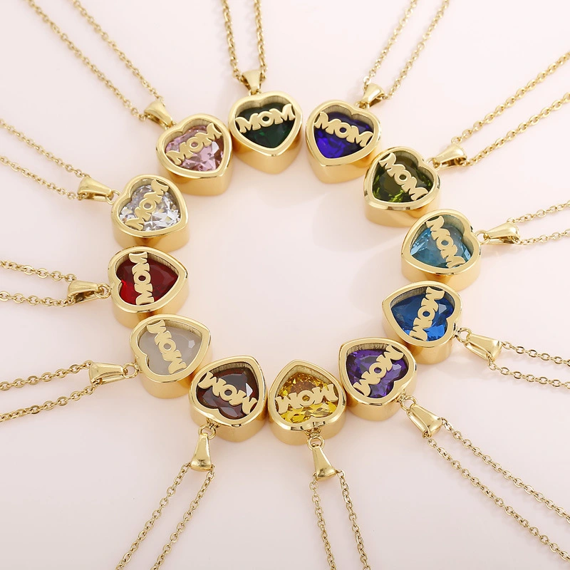 Hainon Fashion Stainless Steel Link Chain 12 Birthstones MOM Heart Pendant Necklace for Mother's Day Birthday Gifts 1