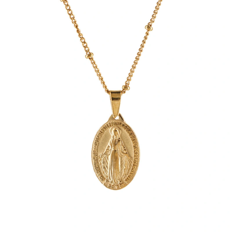 Hainon Retro Oval Virgin Mary Double-Sided Totem Coin Necklace Clavicle Chain Titanium Steel Plated 18K Gold Color  Necklaces 1
