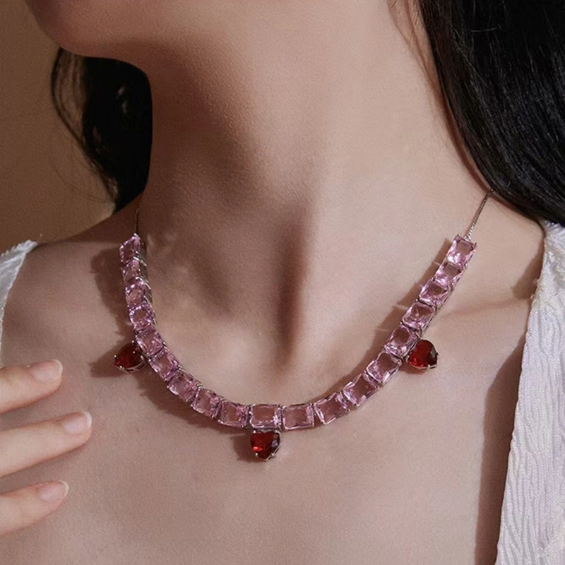 Hainon Fashion pink diamond Valentine's Day love necklace female light luxury niche accessories simple 1