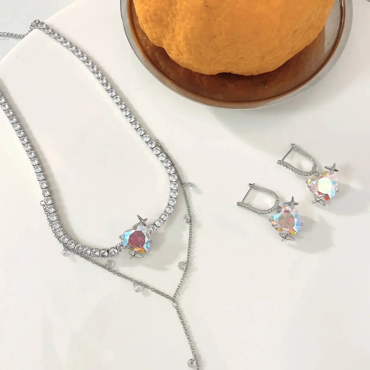 Hainon wholesale fashion Lovely sweet gemstone love necklace peach heart stud earrings necklace women 1
