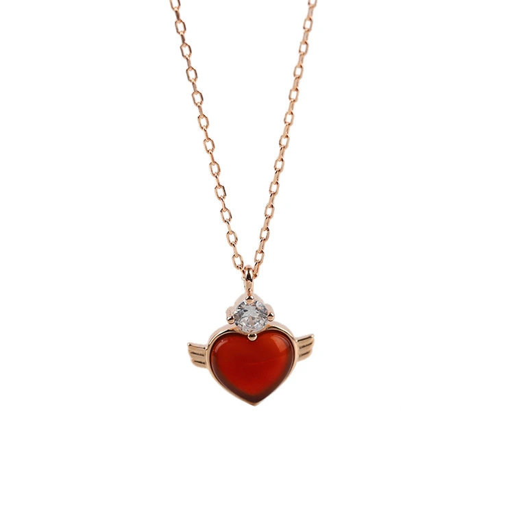 Hainon s925 sterling silver angel heart necklace love cute red heart wings niche design clavicle chain jewelry 1