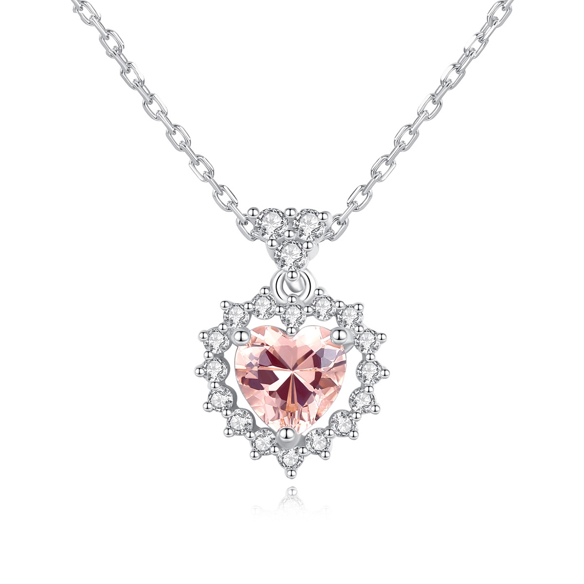Hainon  S925 Sterling Silver Pendant Necklace Female Exquisite pink Heart zircon Necklace Clavicle Chain 1