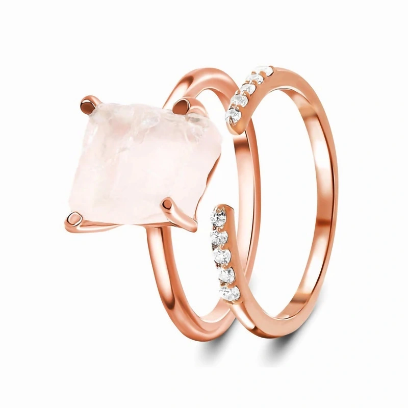 Hainon 925 Sterling Silver Rings Pink Natural Stone Engagement Ring Moonstone Romantic Rose Gold Wedding Ring Sets 1