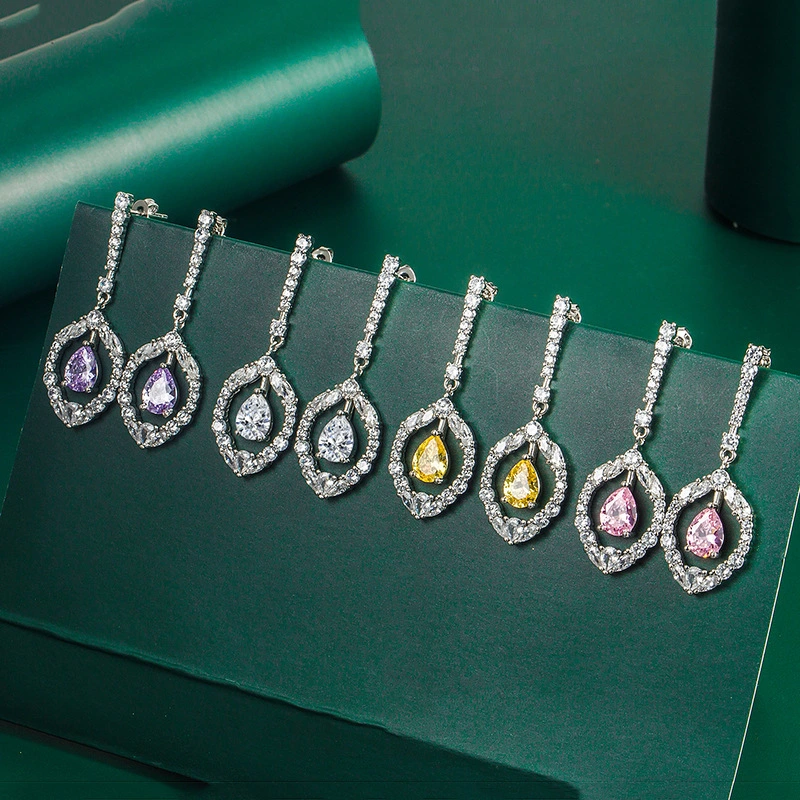 Hainon 2022 Earrings jewelry Women Elegant Long Water drop pink zircon stud earrings Party gift wholesale 1
