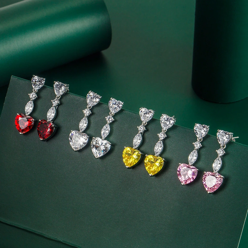 Hainon 2022 Earrings jewelry Women Elegant long heart red yellow white pink zircon stud earrings Party gift wholesale 1