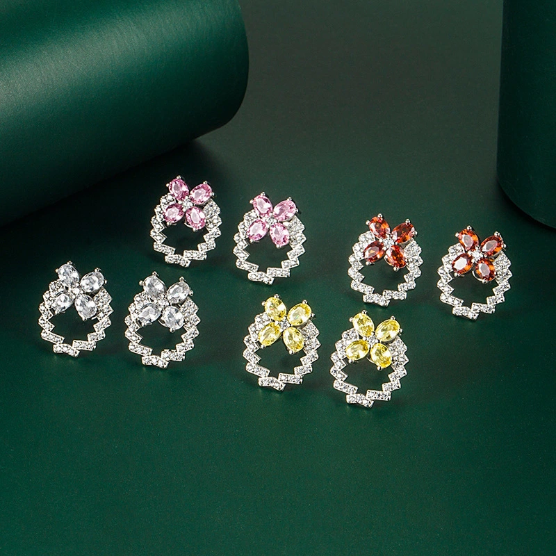 Hainon 2022 Earrings jewelry Women Elegant Clover pink red white yellow zircon stud earrings Party gift wholesale 1