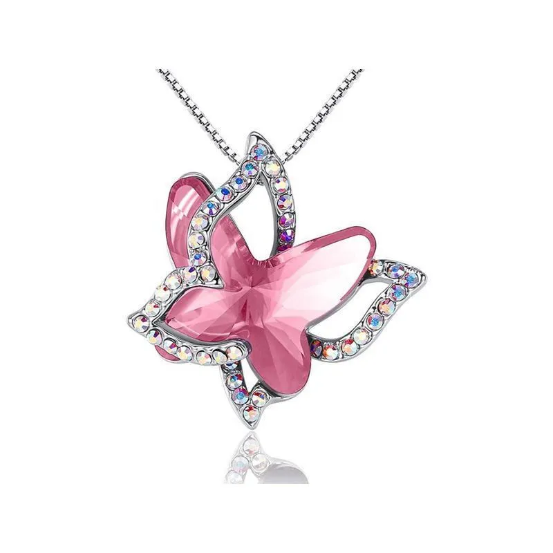 Hainon European and American Simple Fashion Pendant Necklace Red Yellow Purple Crystal Butterfly Necklace for Women 1
